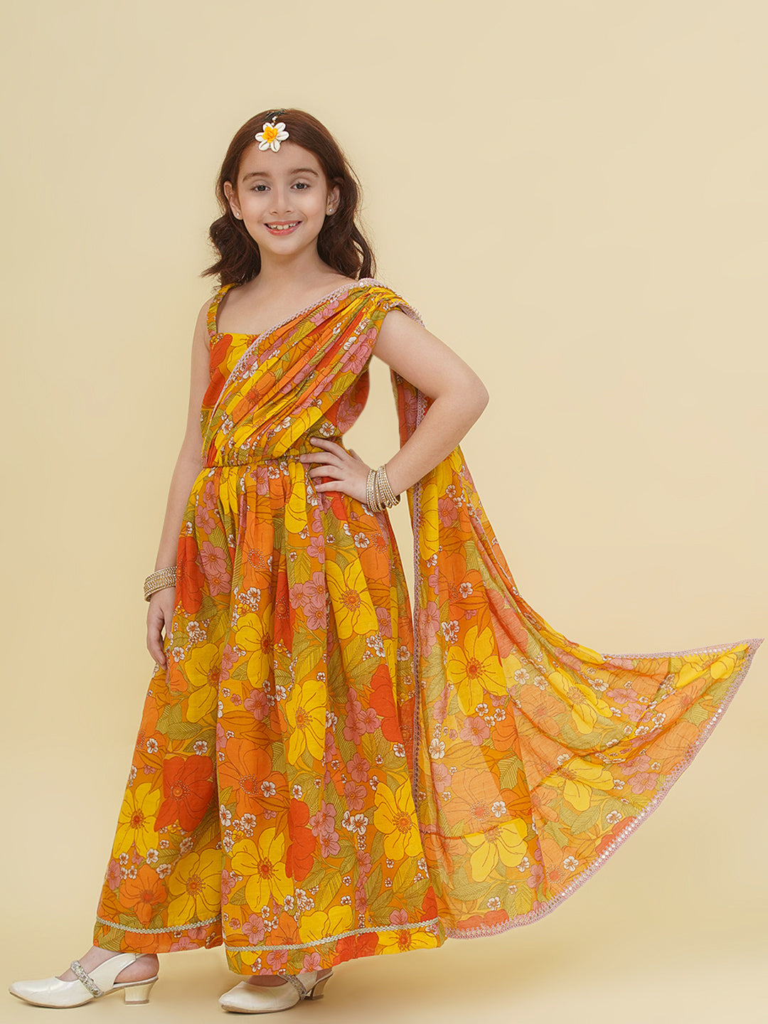 Bitiya by Bhama Girls Yellow & Multi Jumpsuit Maxi Dress.