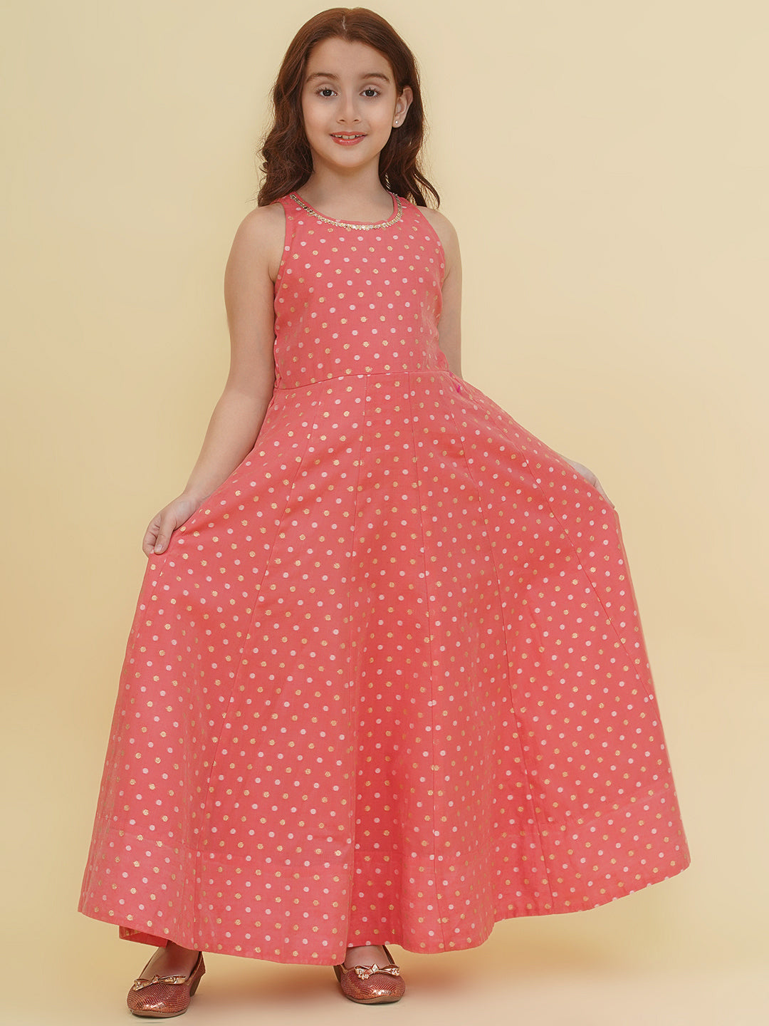 Bitiya by Bhama Girls Peach Woven Design Maxi Dress.