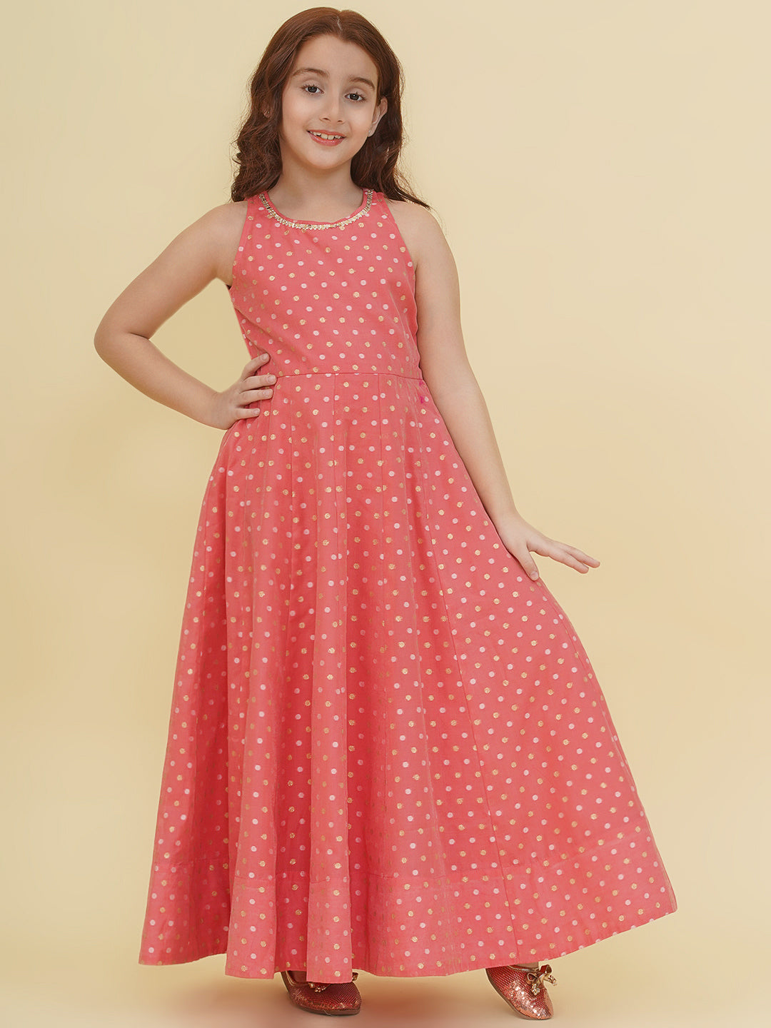 Bitiya by Bhama Girls Peach Woven Design Maxi Dress.