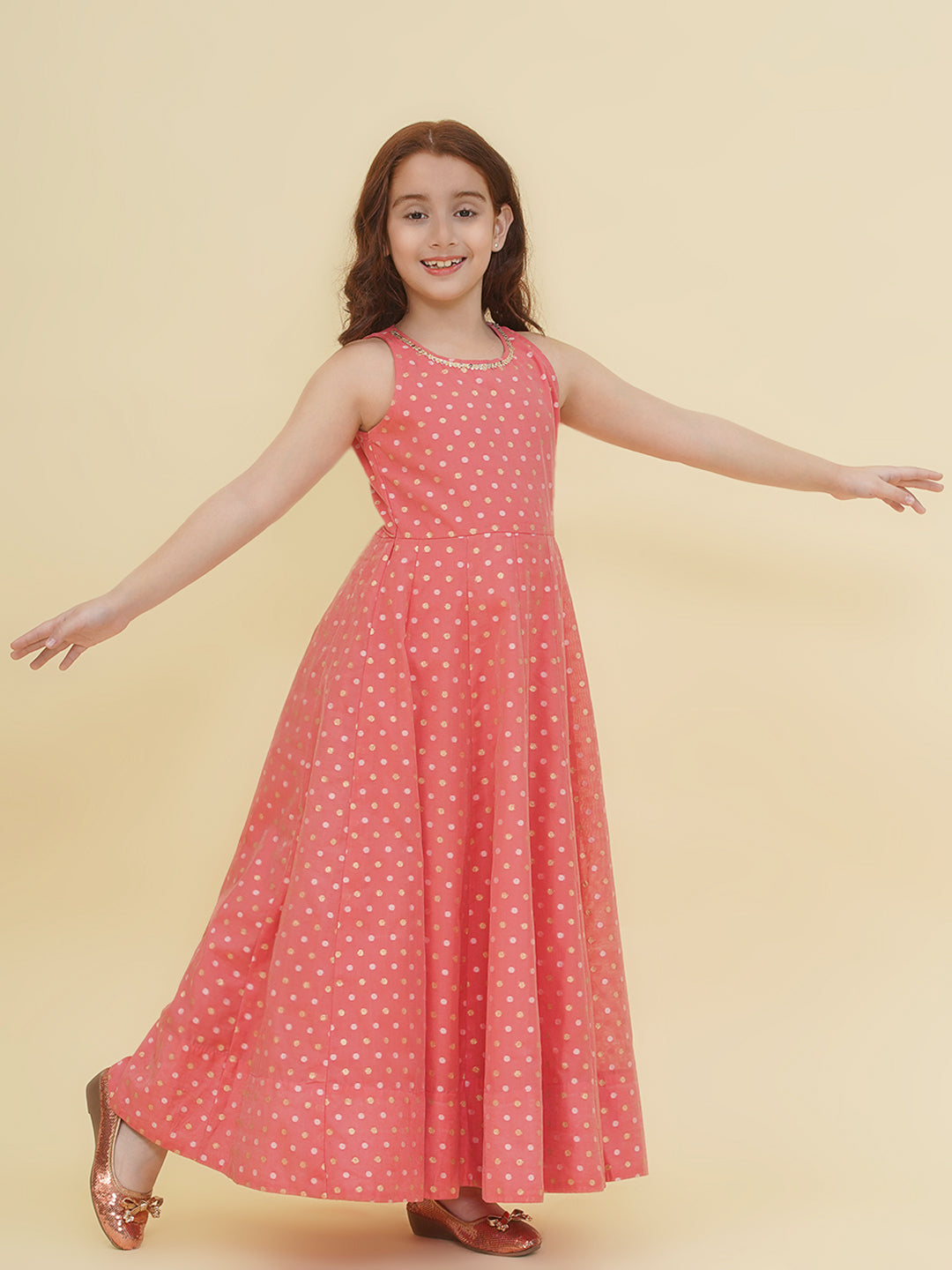 Bitiya by Bhama Girls Peach Woven Design Maxi Dress.