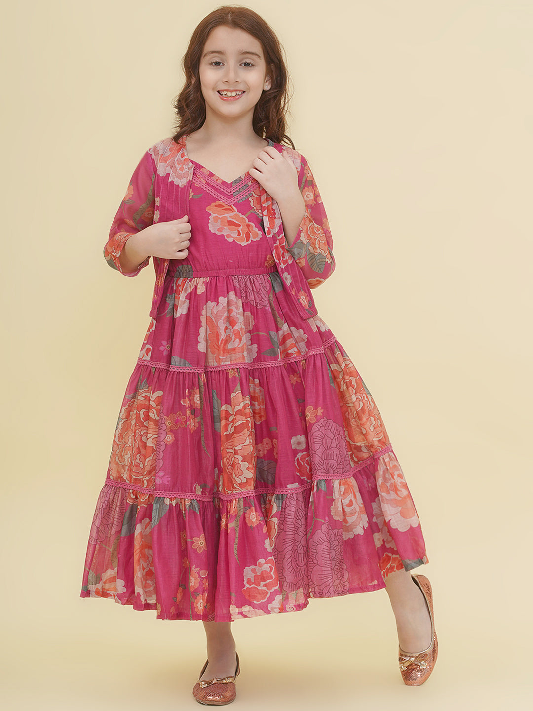 Bitiya by Bhama Girls Pink & Multi Digital Print Maxi Dress with Jacket.