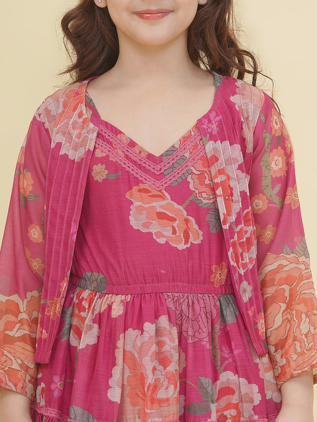 Bitiya by Bhama Girls Pink & Multi Digital Print Maxi Dress with Jacket.