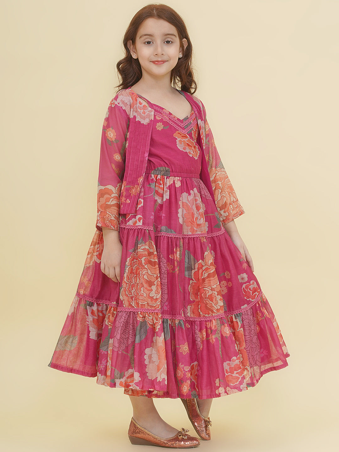 Bitiya by Bhama Girls Pink & Multi Digital Print Maxi Dress with Jacket.