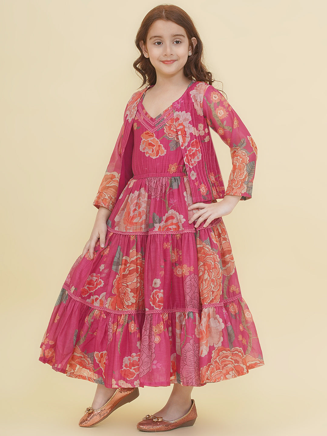 Bitiya by Bhama Girls Pink & Multi Digital Print Maxi Dress with Jacket.