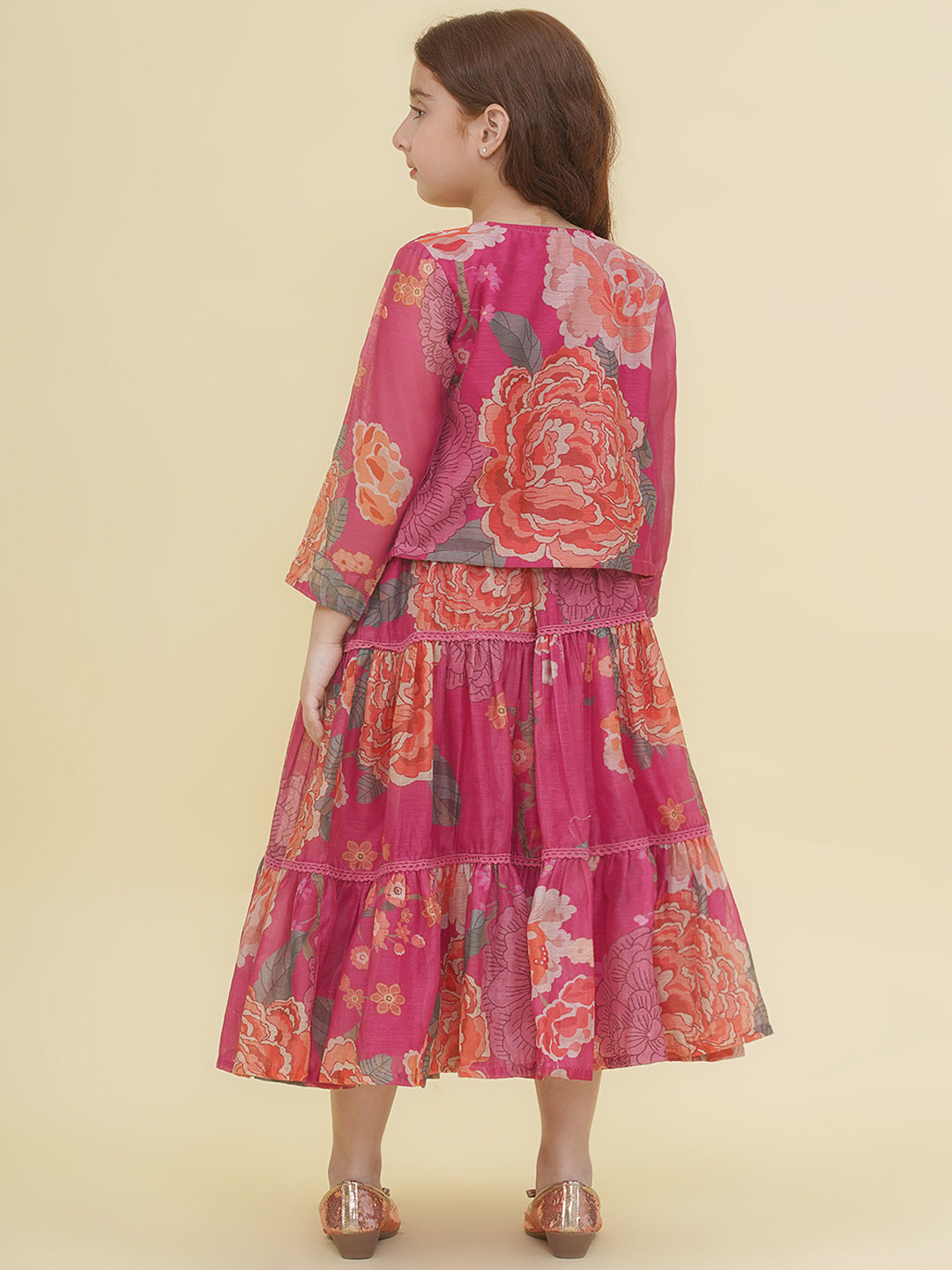 Bitiya by Bhama Girls Pink & Multi Digital Print Maxi Dress with Jacket.