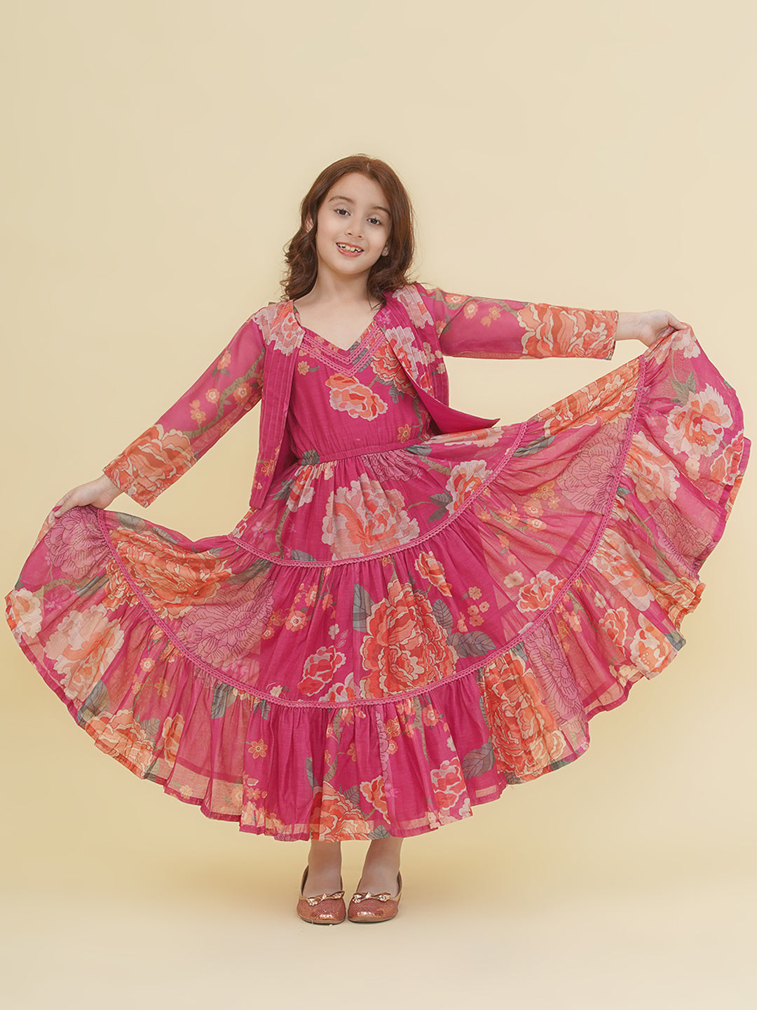 Bitiya by Bhama Girls Pink & Multi Digital Print Maxi Dress with Jacket.