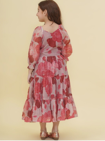 Bitiya by Bhama Girls Maroon & white Digital Print Maxi Dress.
