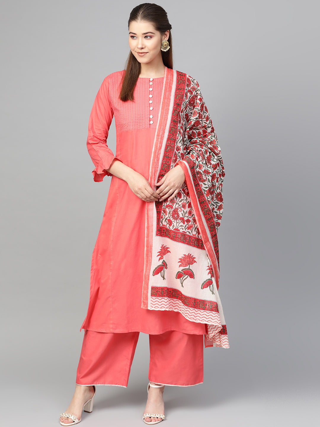 Peach  solid kurta with palazzos and dupatta