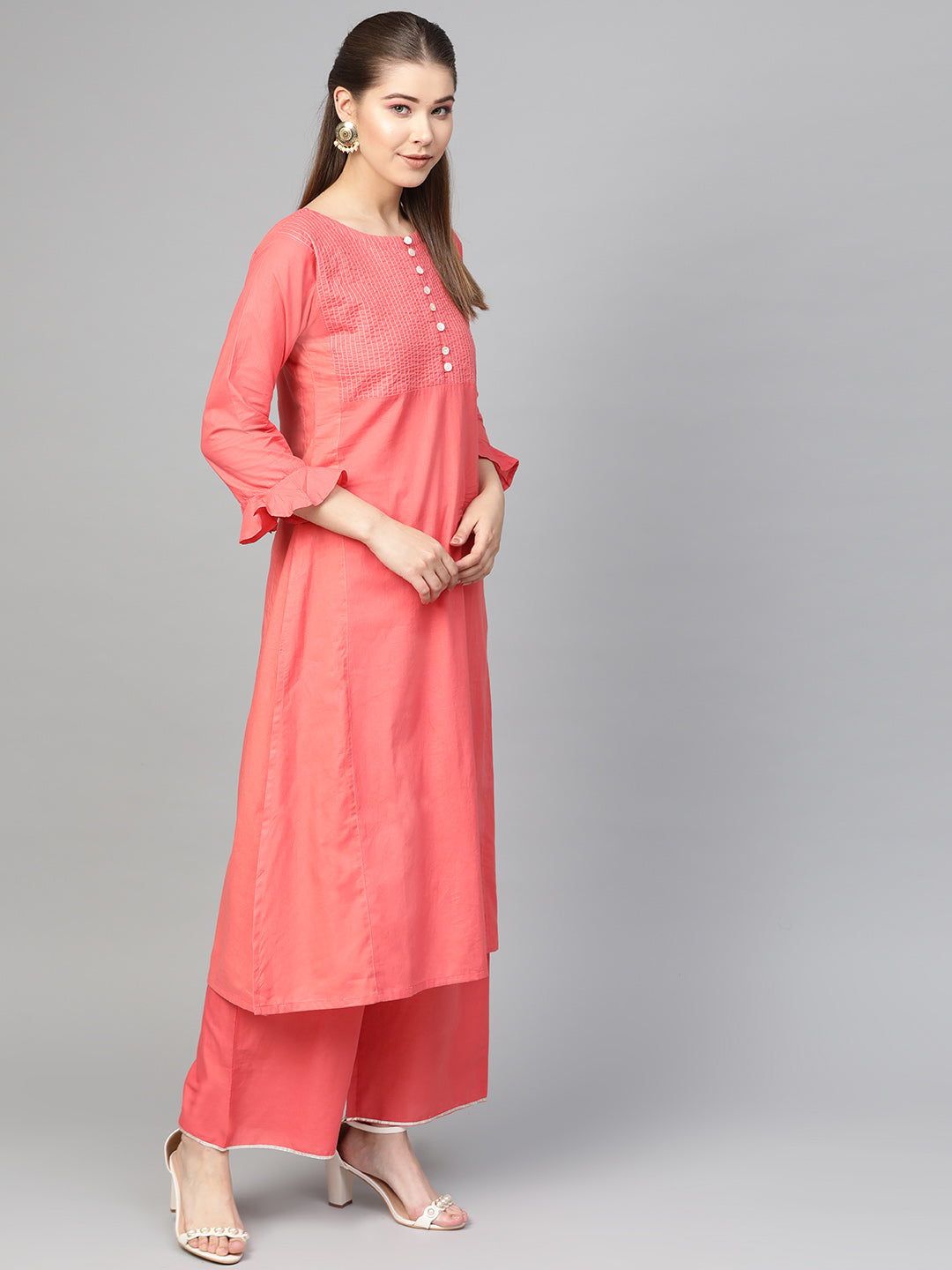 Peach  solid kurta with palazzos and dupatta