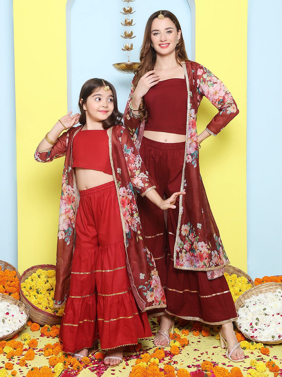 Maroon Multi Floral Printed Jacket with Cami - Sharara For Women & Jacket with Cami - Sharara  For Girl.