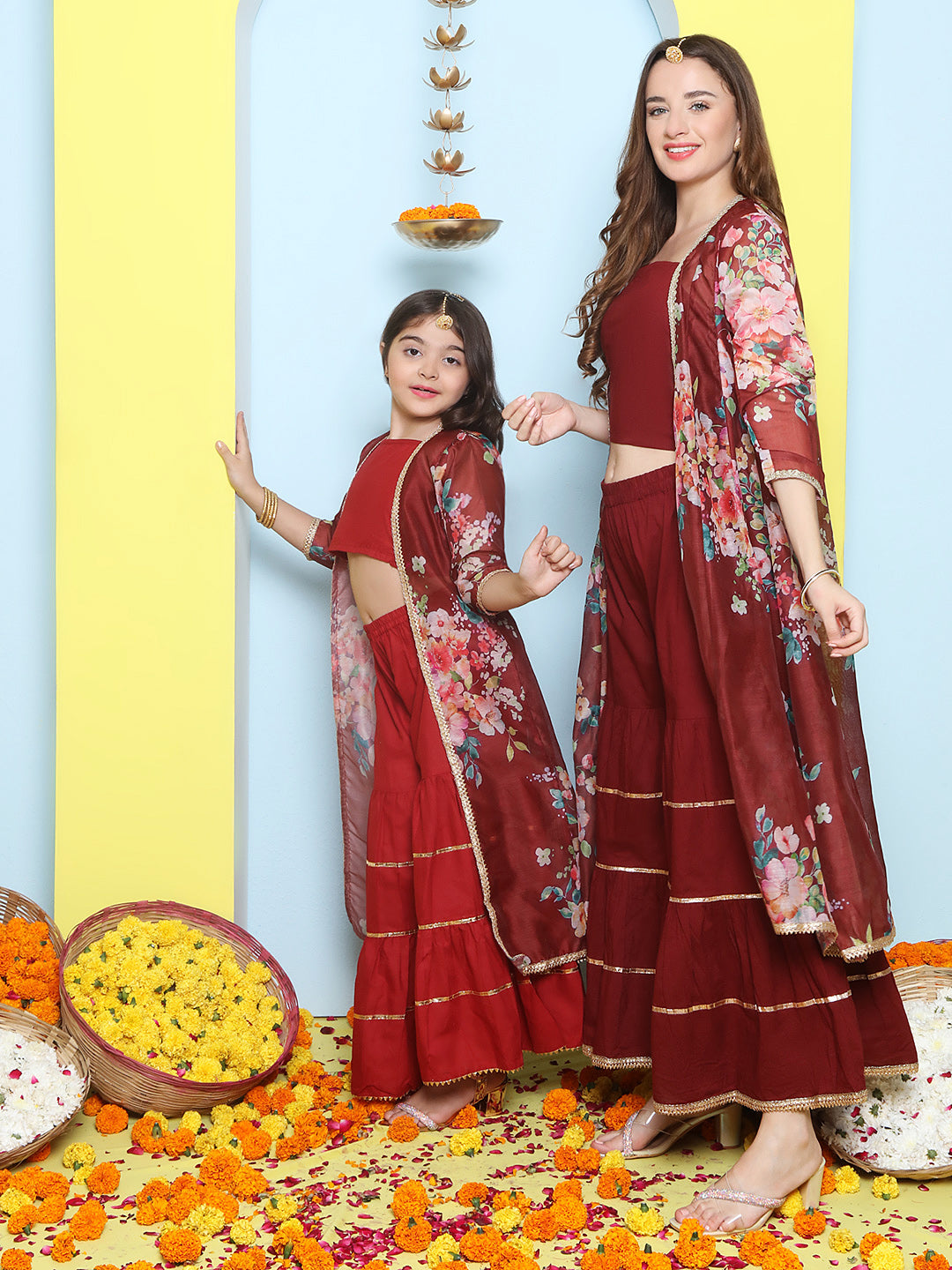 Maroon Multi Floral Printed Jacket with Cami - Sharara For Women & Jacket with Cami - Sharara  For Girl.