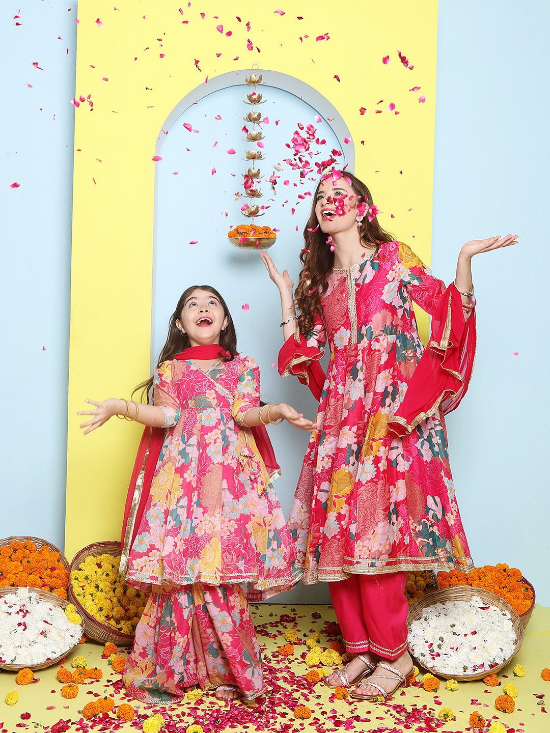 Pink Multi Printed Anarkali Kurta Set For Women & Angrakha Sharara Set For Girls