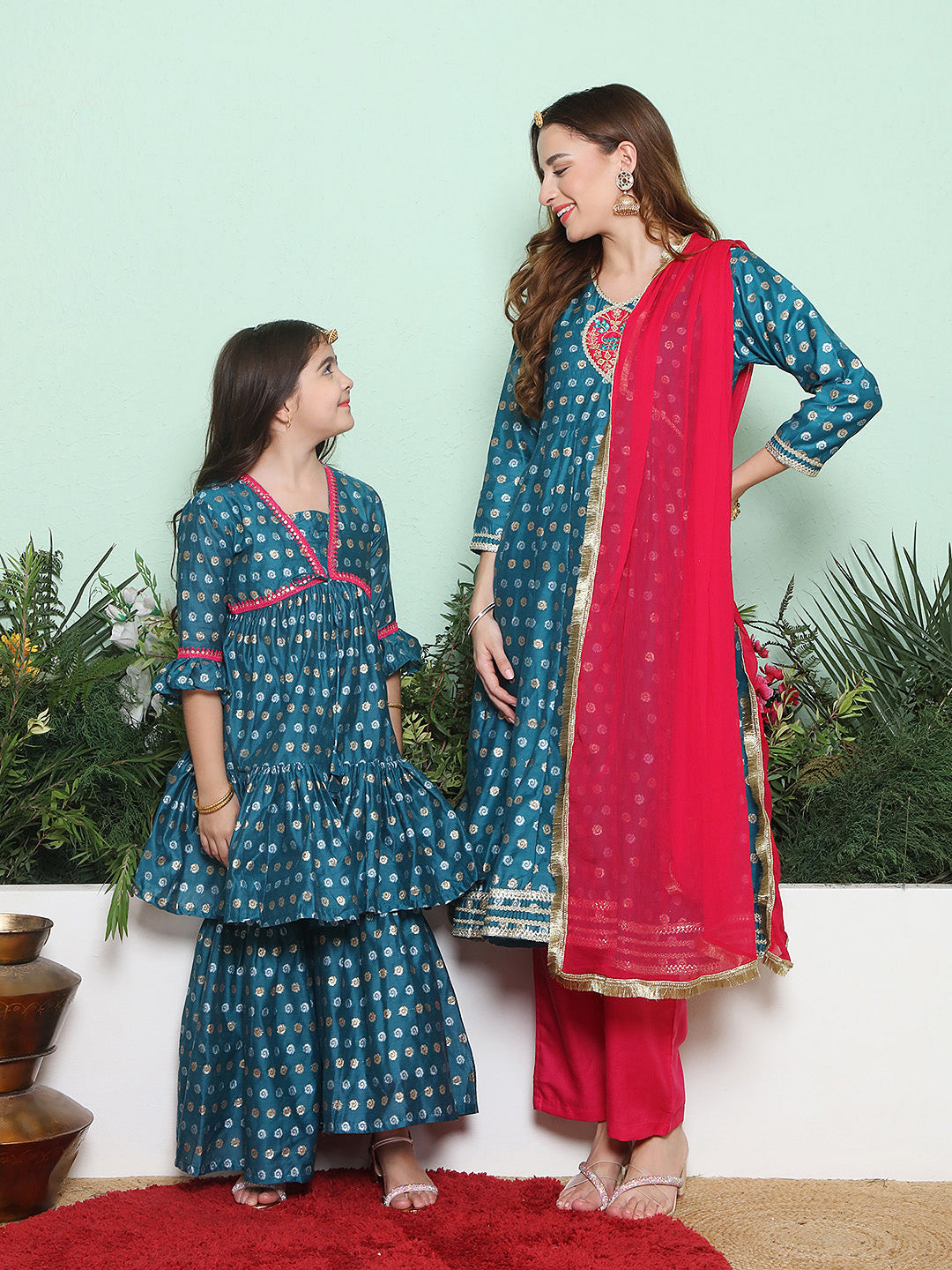 Blue Jacquard Booti Anarkali Kurta Set For Women & Sharara Kurta Set For Girl.
