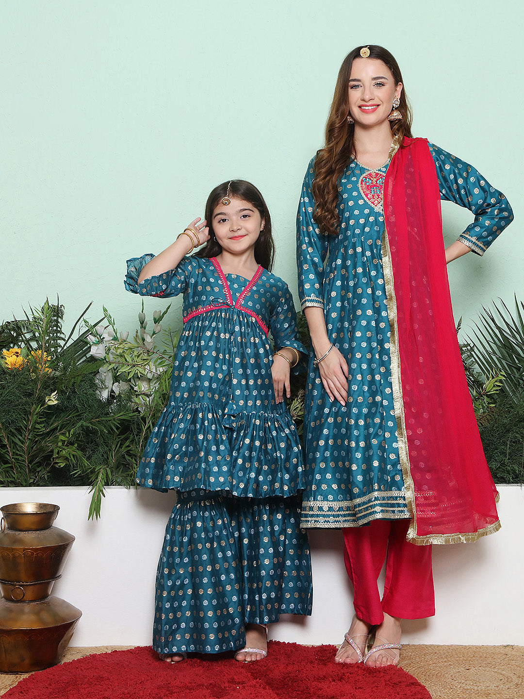 Blue Jacquard Booti Anarkali Kurta Set For Women & Sharara Kurta Set For Girl.