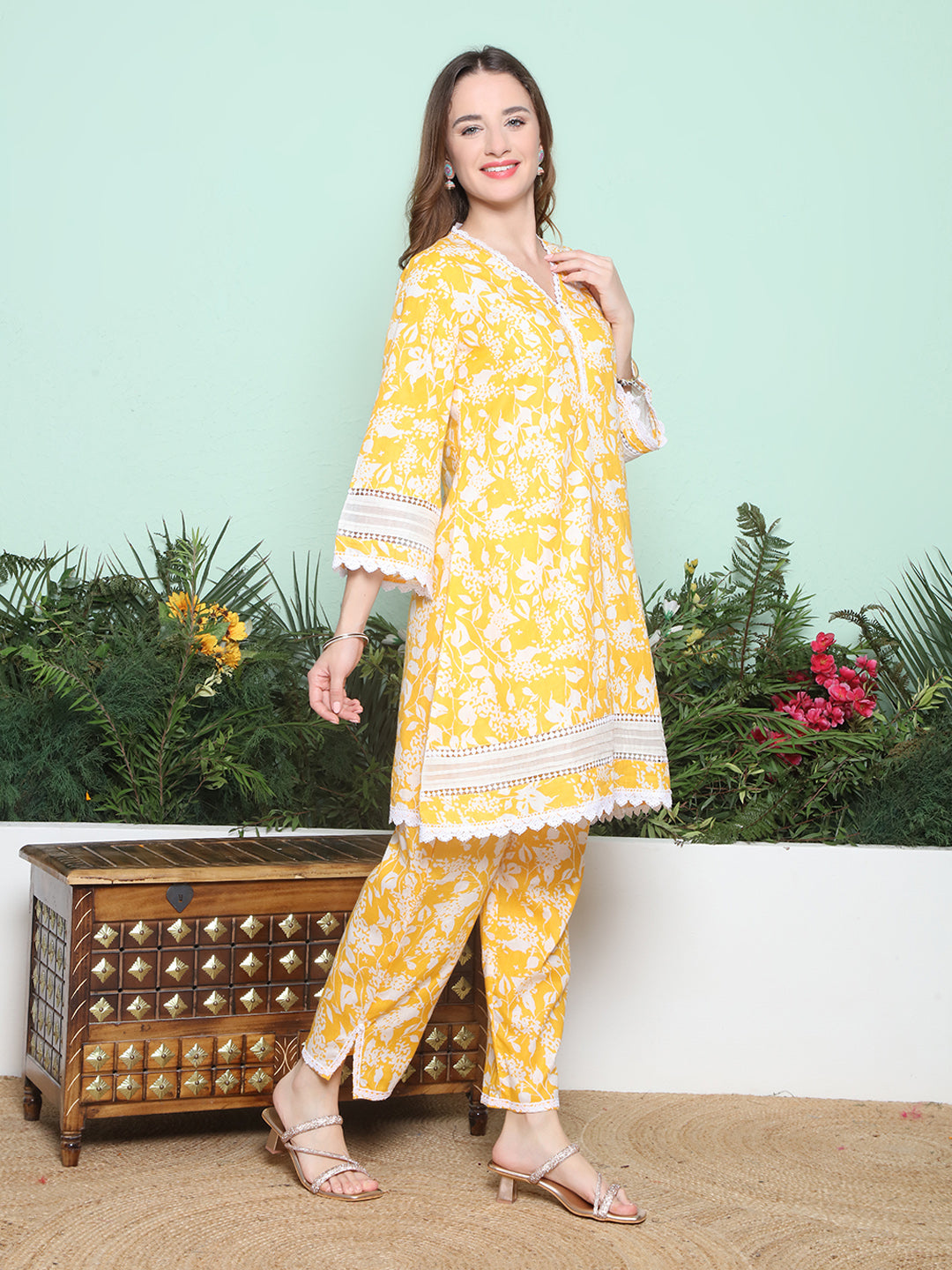 Yellow Printed Lace Detailing Kurta with Pant.