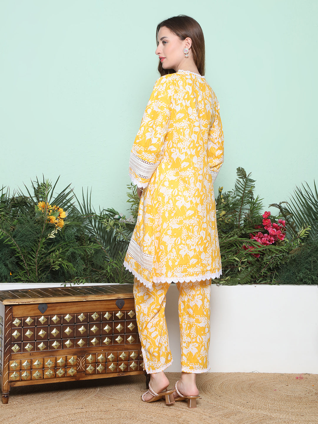 Yellow Printed Lace Detailing Kurta with Pant.