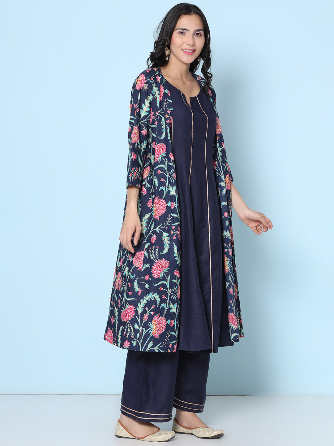 Navy Blue Floral Printed Jacket With Navy Blue Kurti With Palazzos Has Gotta lace Details on Bottom