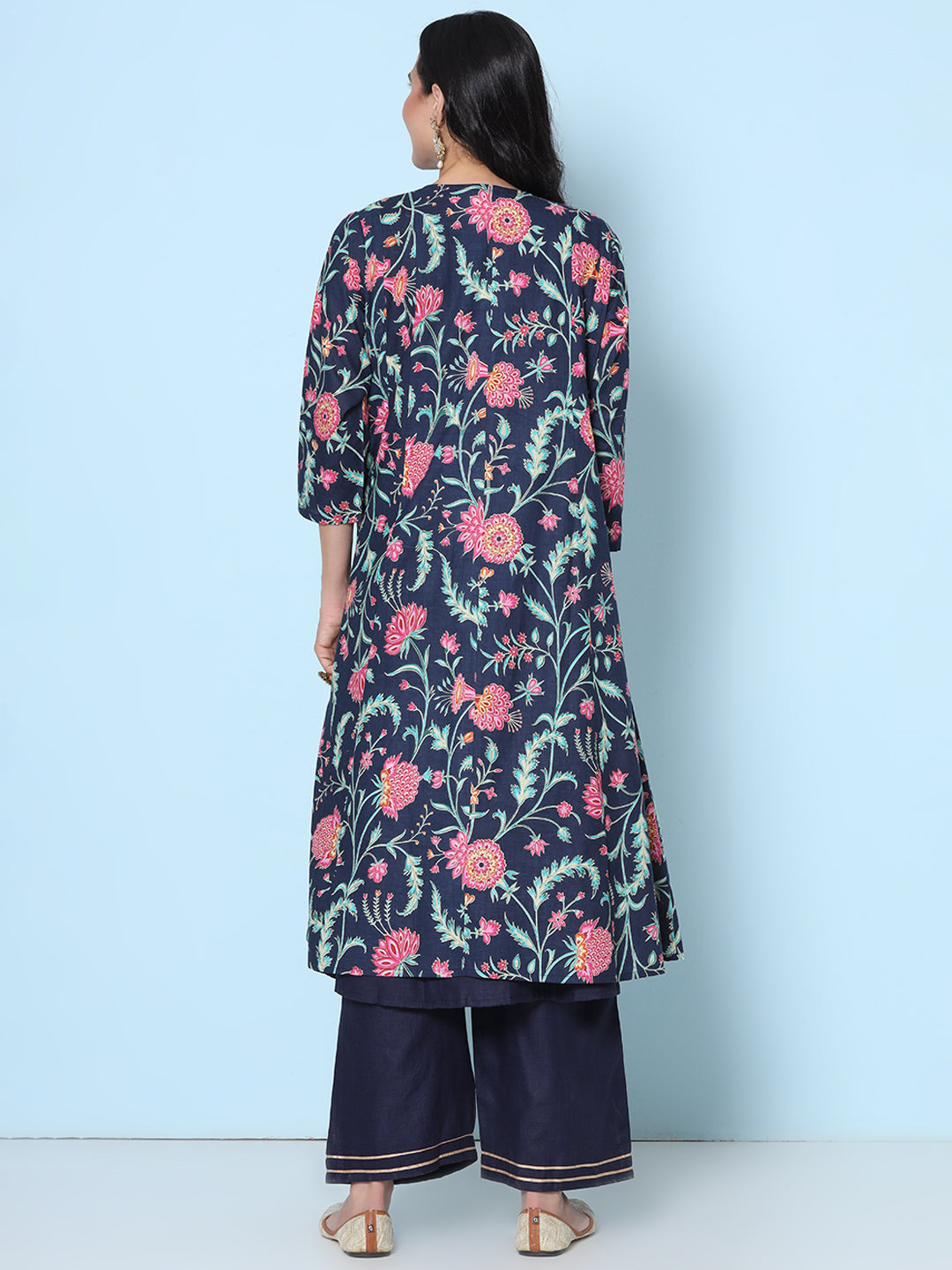 Navy Blue Floral Printed Jacket With Navy Blue Kurti With Palazzos Has Gotta lace Details on Bottom