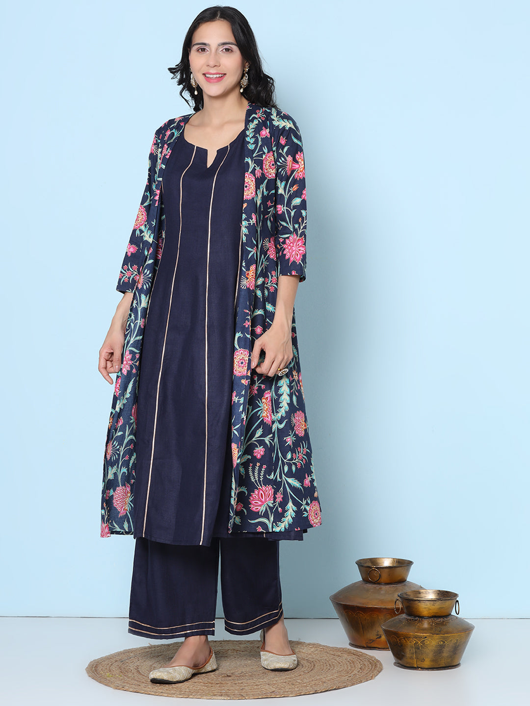Navy Blue Floral Printed Jacket With Navy Blue Kurti With Palazzos Has Gotta lace Details on Bottom