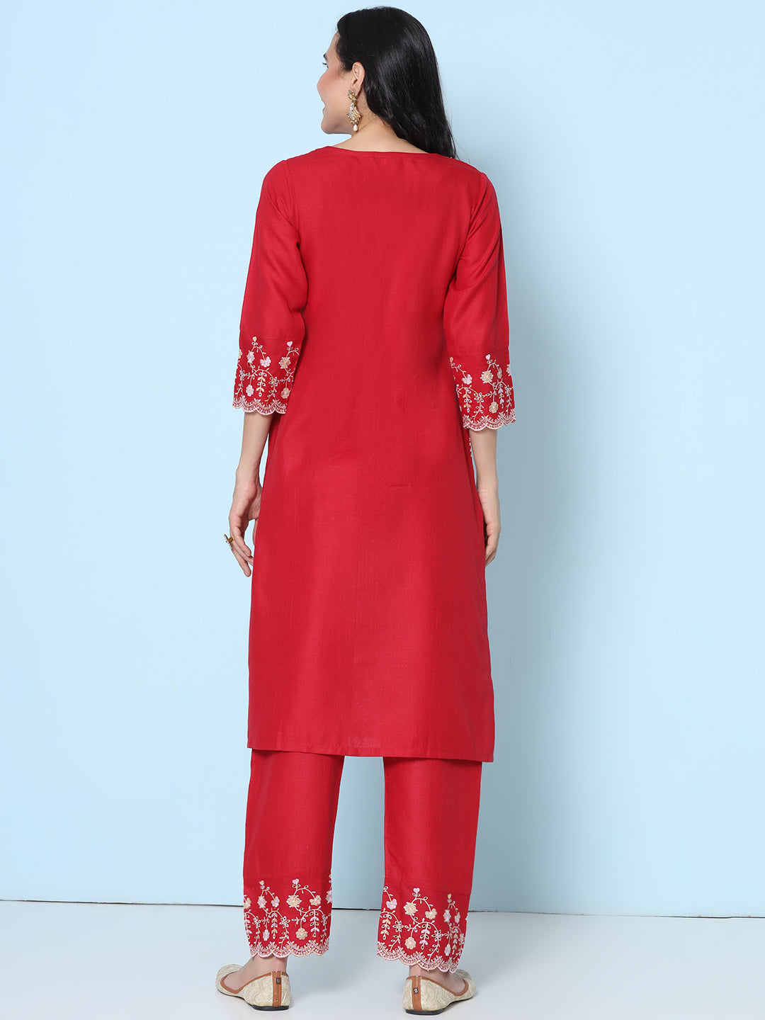 Maroon Schiffli Embroidered kurta With Embroidered Trousers