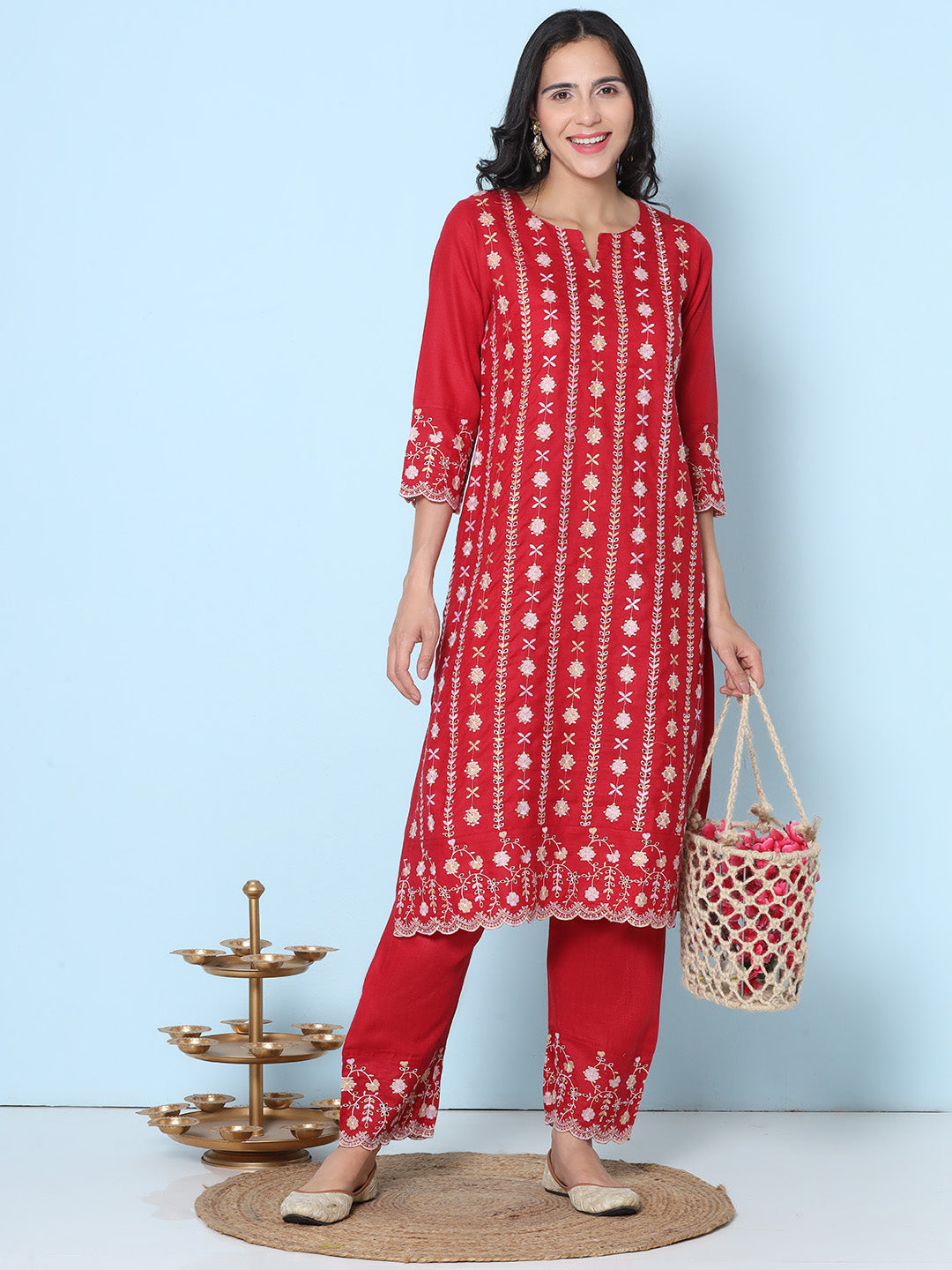 Maroon Schiffli Embroidered kurta With Embroidered Trousers
