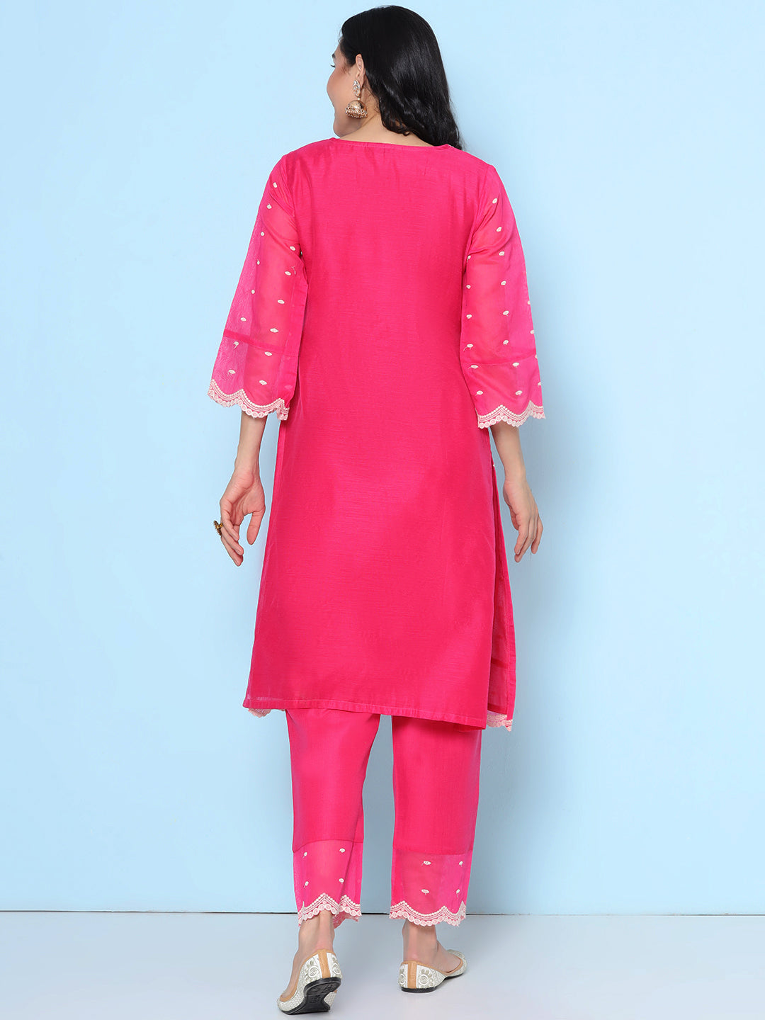 Fuchsia Pink Colour Embroidered Kurta With Embroiderd hemTrousers