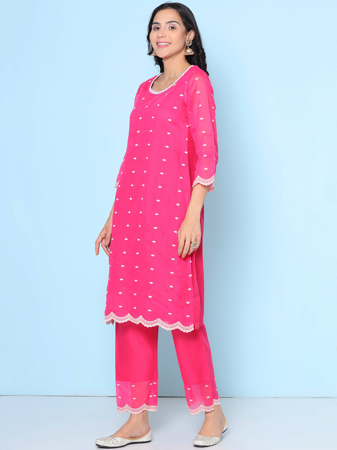 Fuchsia Pink Colour Embroidered Kurta With Embroiderd hemTrousers