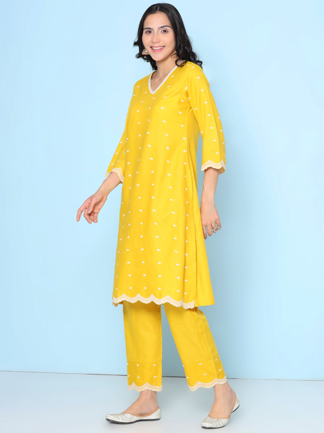 Yellow Colour Embroidered Kurta With Yellow Solid Trousers