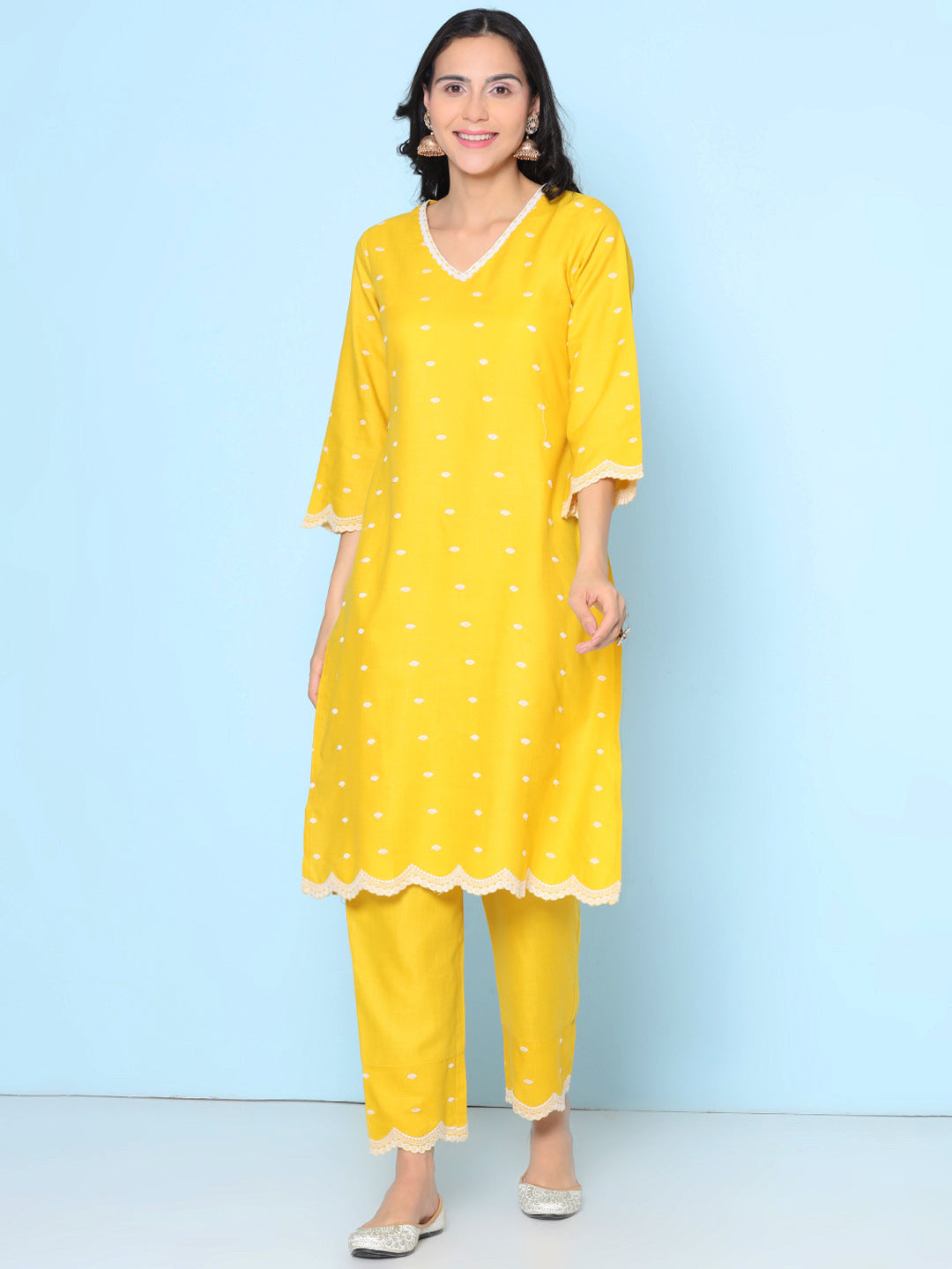 Yellow Colour Embroidered Kurta With Yellow Solid Trousers
