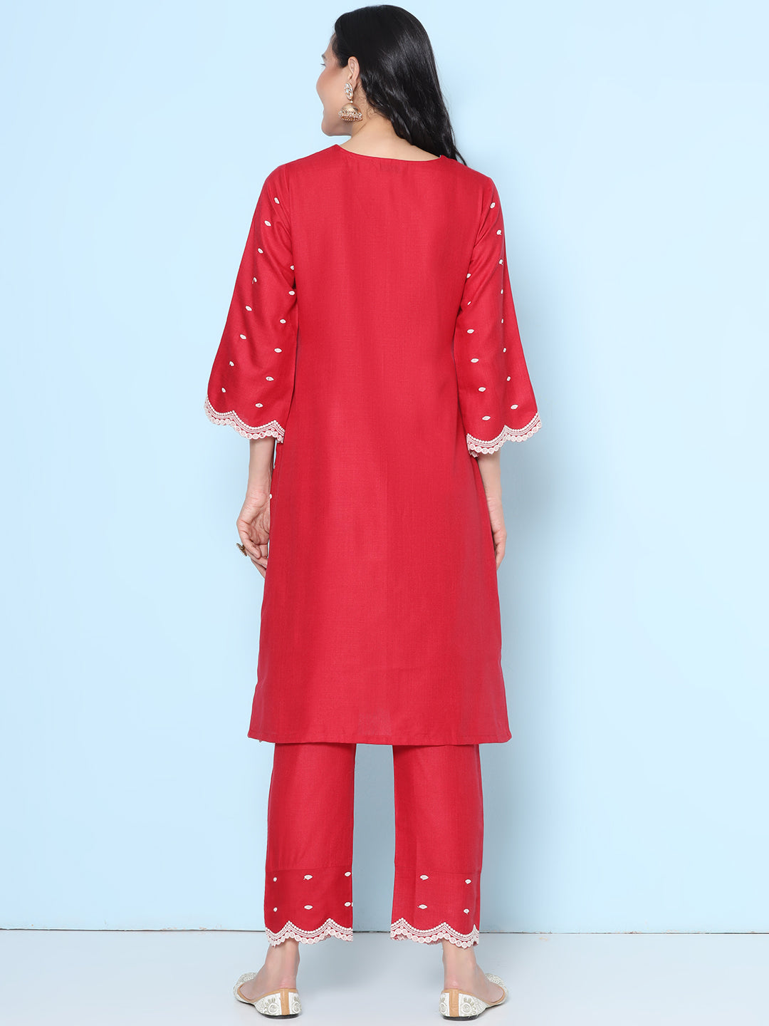 Maroon Colour Embroidered Kurta With Maroon Solid Trousers