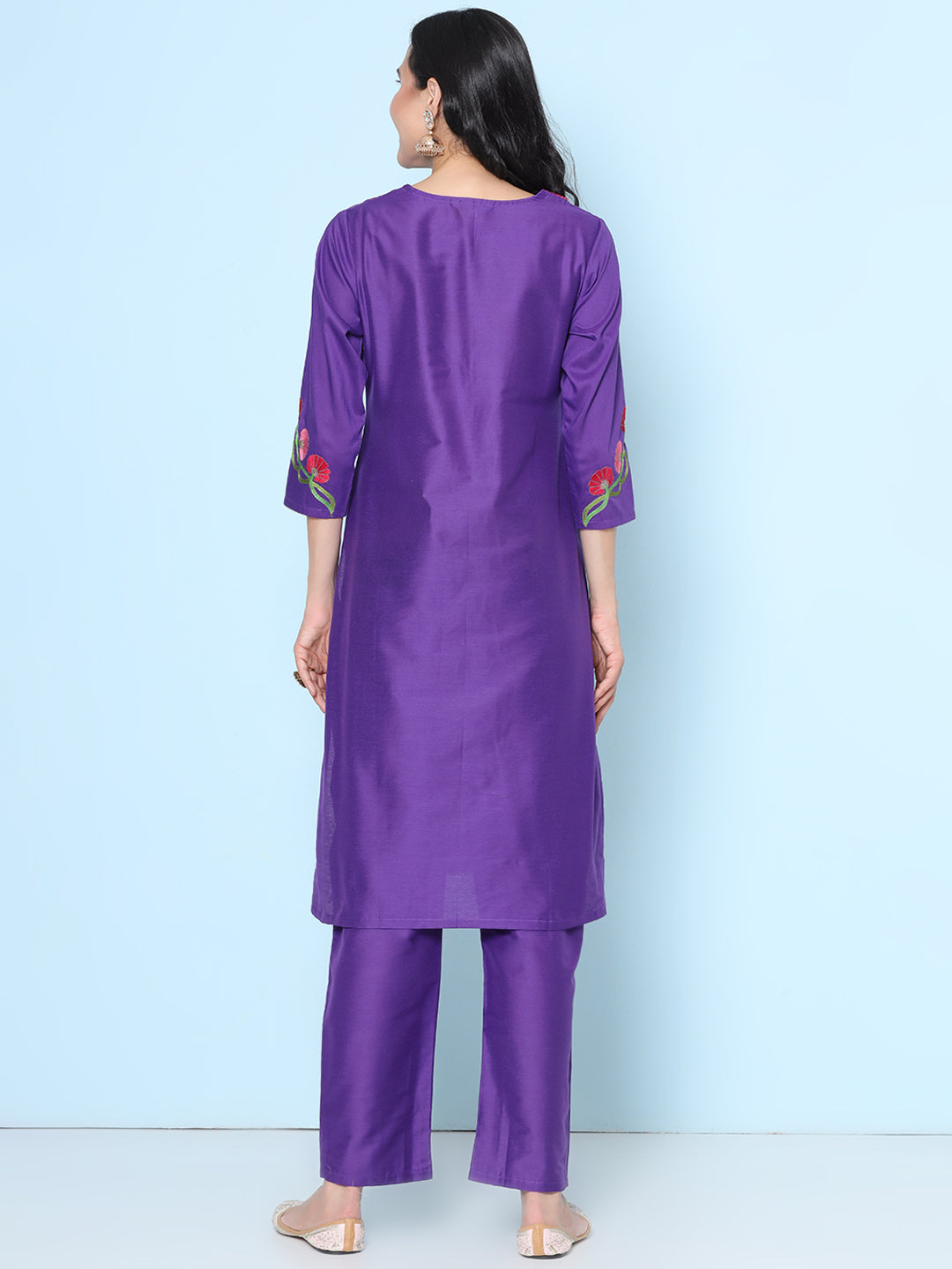Purple Color Yoke & Sleeve Embroidered Kurta With Purple Solid Trousers