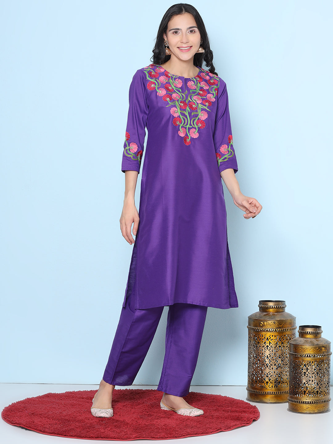 Purple Color Yoke & Sleeve Embroidered Kurta With Purple Solid Trousers