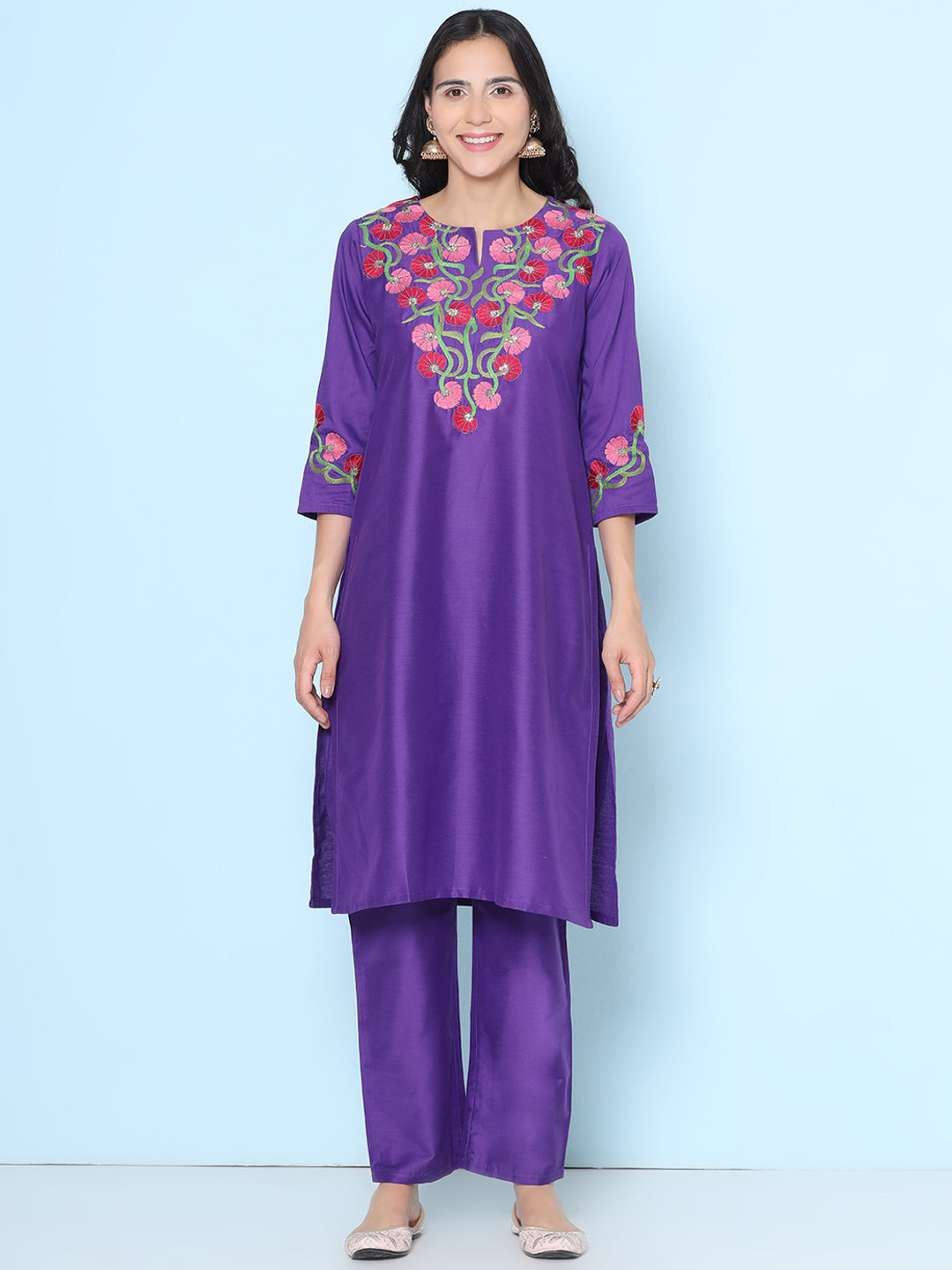 Purple Color Yoke & Sleeve Embroidered Kurta With Purple Solid Trousers