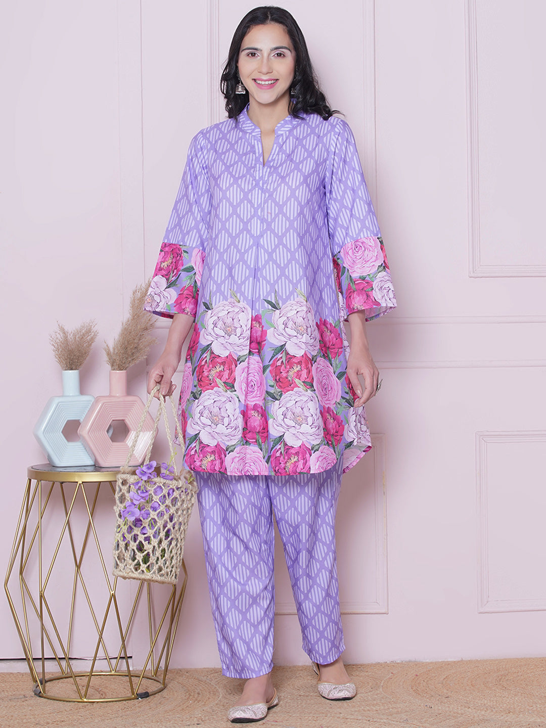 Purple Stripes Multi Floral Printed Kurta set
