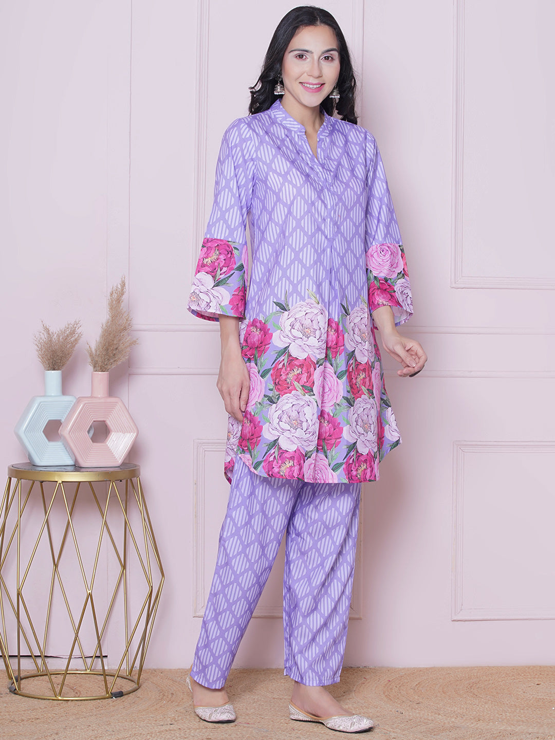Purple Stripes Multi Floral Printed Kurta set