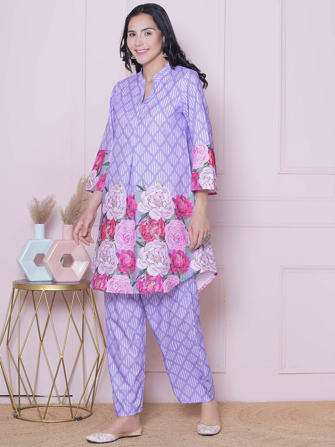 Purple Stripes Multi Floral Printed Kurta set