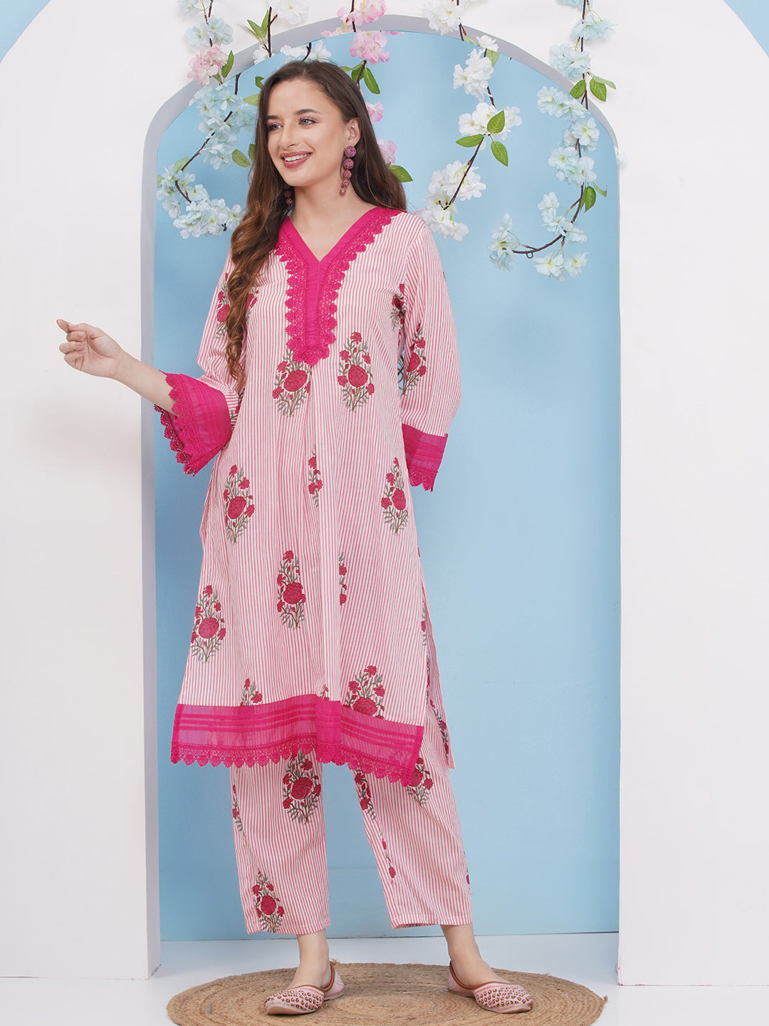 Bhama Couture White & Pink Floral With Stripes Printed Kurta set