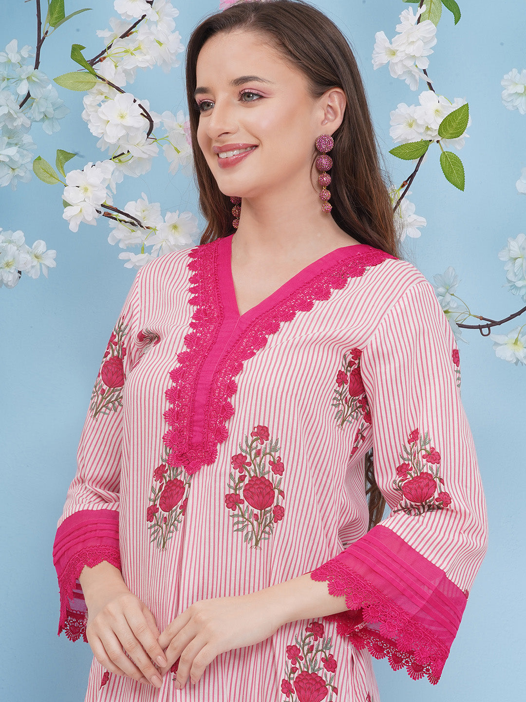 Bhama Couture White & Pink Floral With Stripes Printed Kurta set
