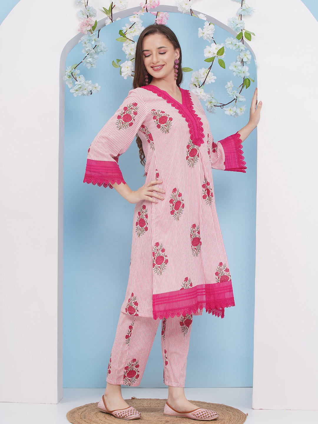 Bhama Couture White & Pink Floral With Stripes Printed Kurta set