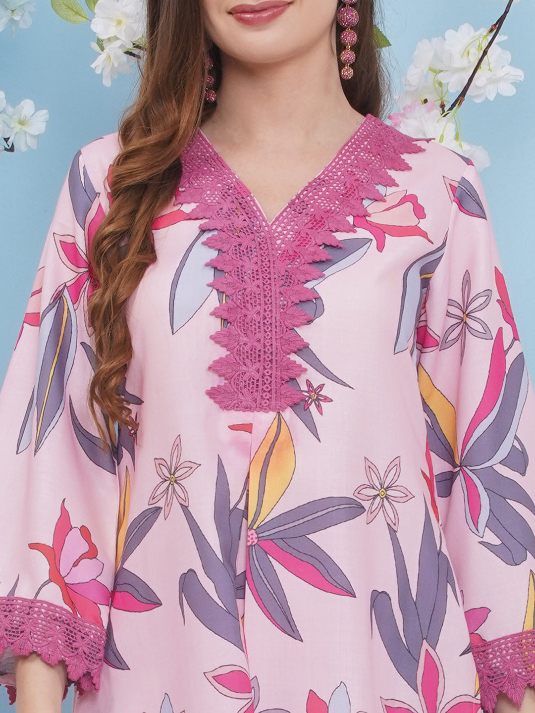 Bhama Couture Pink With Multi Colour Floral Printed Kurta set