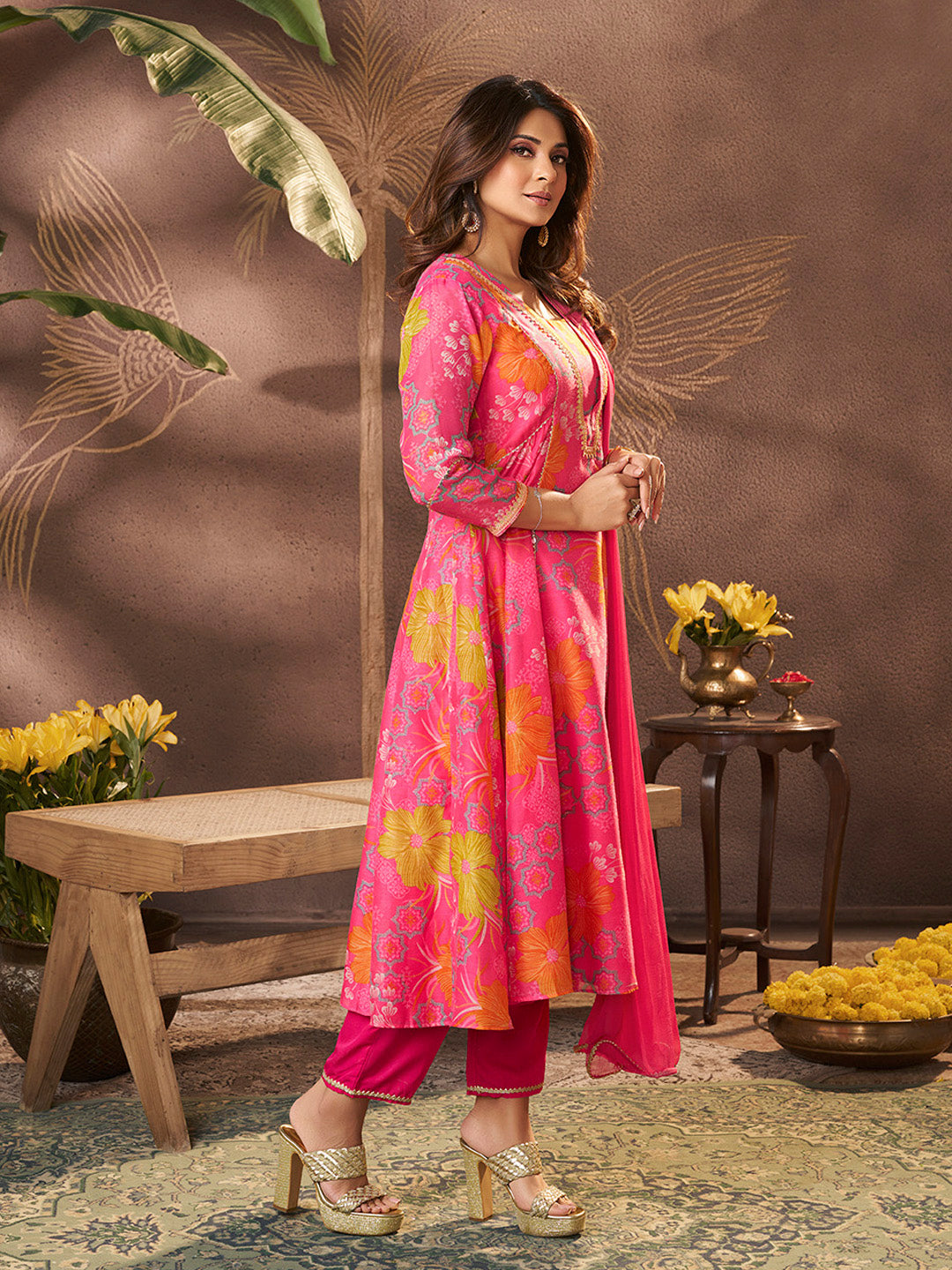Bhama Couture Jennifer Winget Pink Printed Anarkali Kurta Set