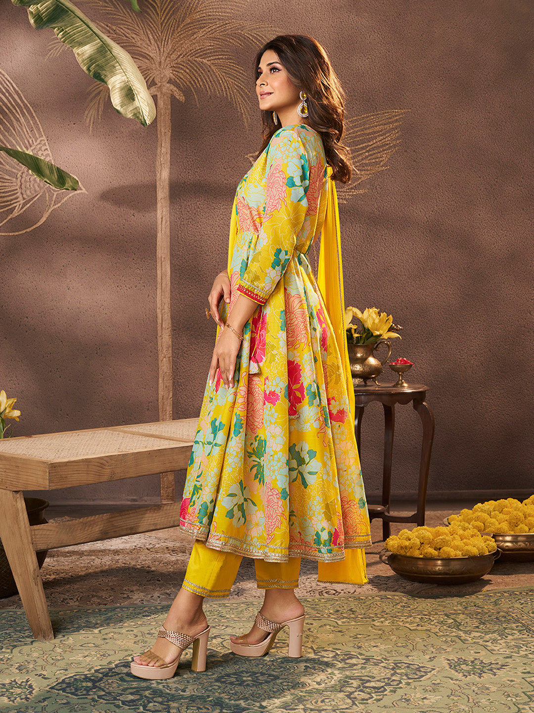 Bhama Couture Jennifer Winget Yellow Printed Anarkali Kurta Set