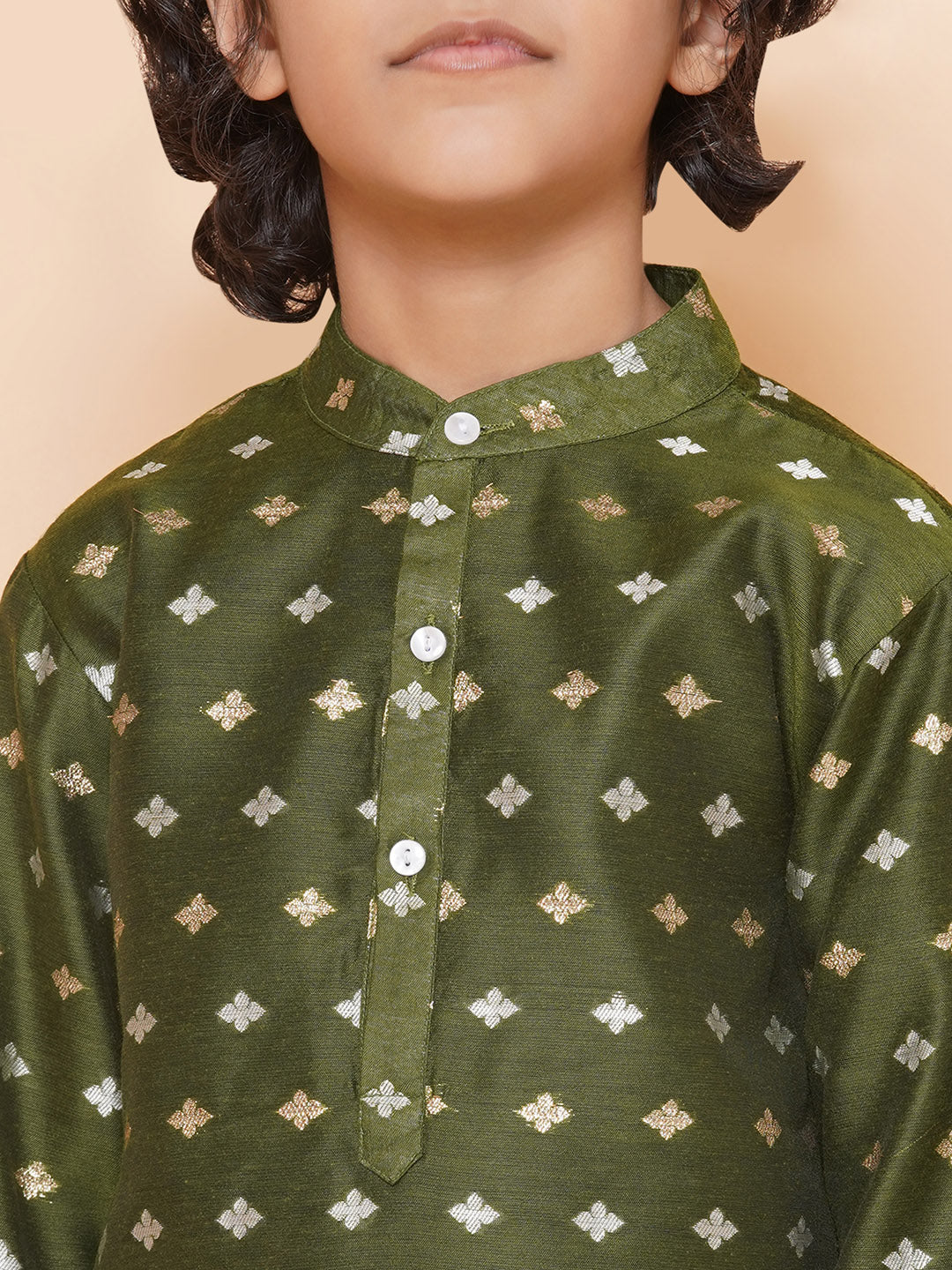 Bittu By Bhama Boys Green Self Design Booti Kurta with Pyjamas
