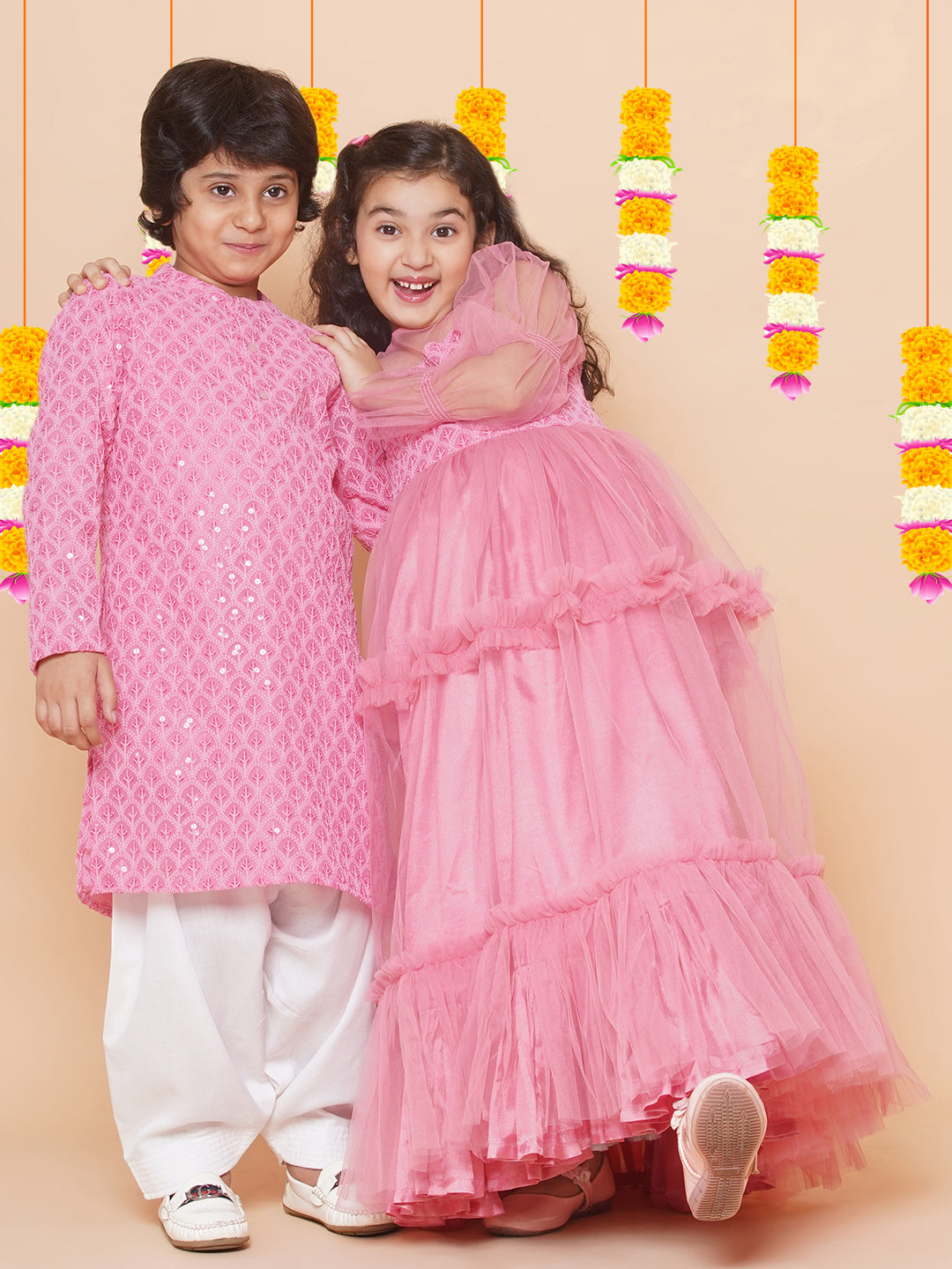 Bittu By Bhama Boys Peach Sequins Embroidered Kurta with Salwar
