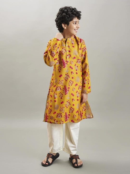Bittu By Bhama Boys yellow & red kurta with a white pajama