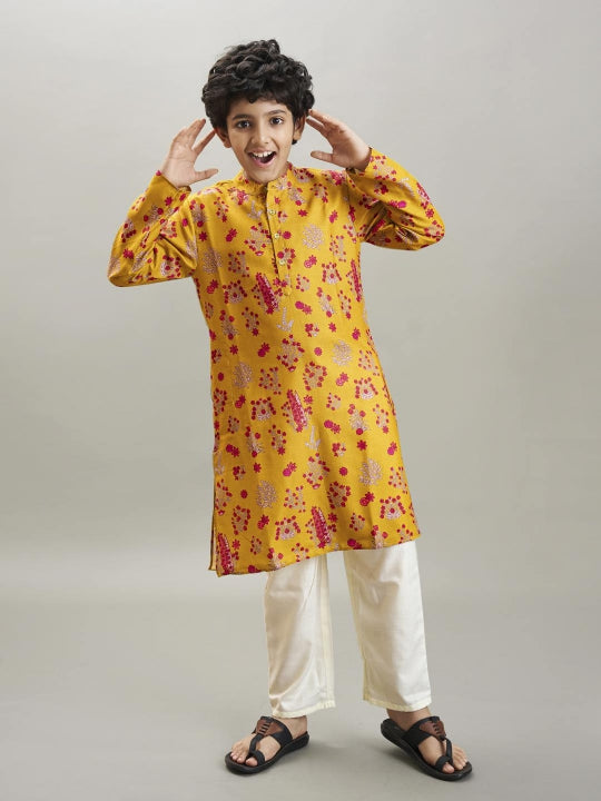 Bittu By Bhama Boys yellow & red kurta with a white pajama