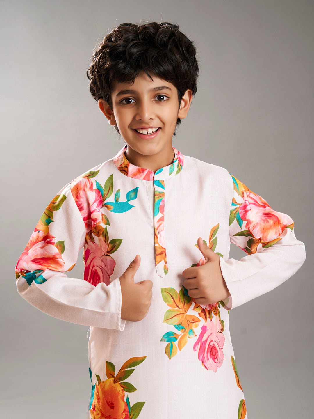 Bittu By Bhama Boys off white floral printed  kurta with a off  white pajama