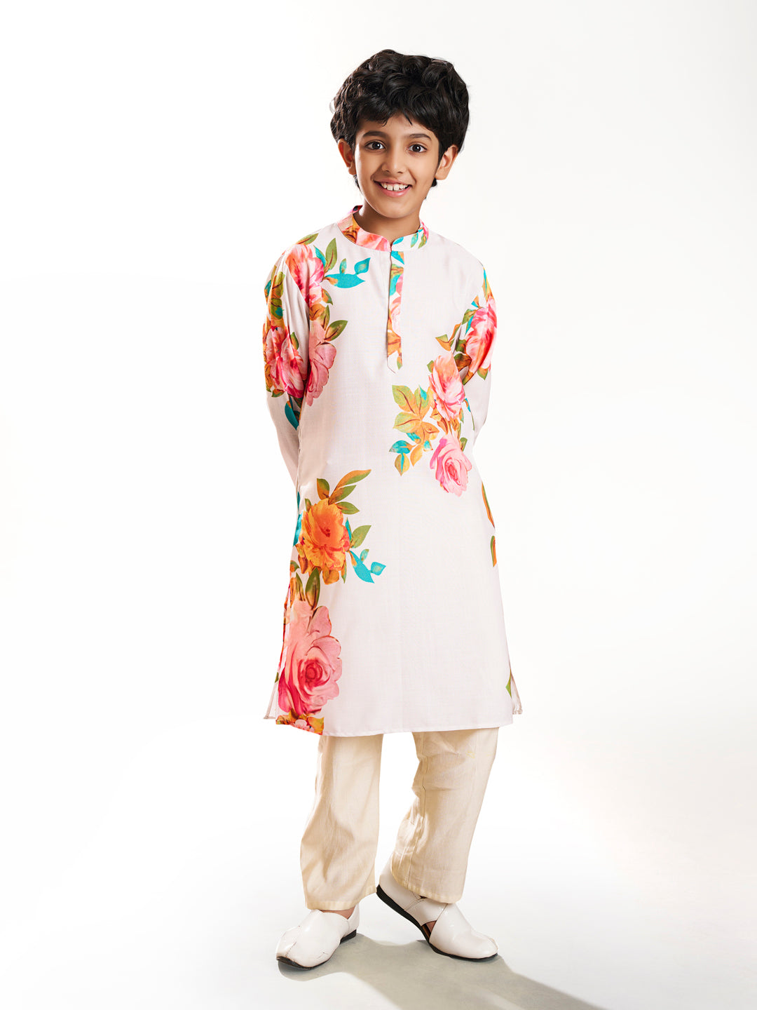 Bittu By Bhama Boys off white floral printed  kurta with a off  white pajama