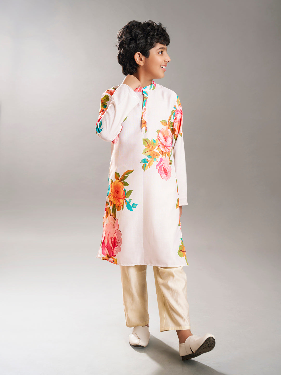 Bittu By Bhama Boys off white floral printed  kurta with a off  white pajama