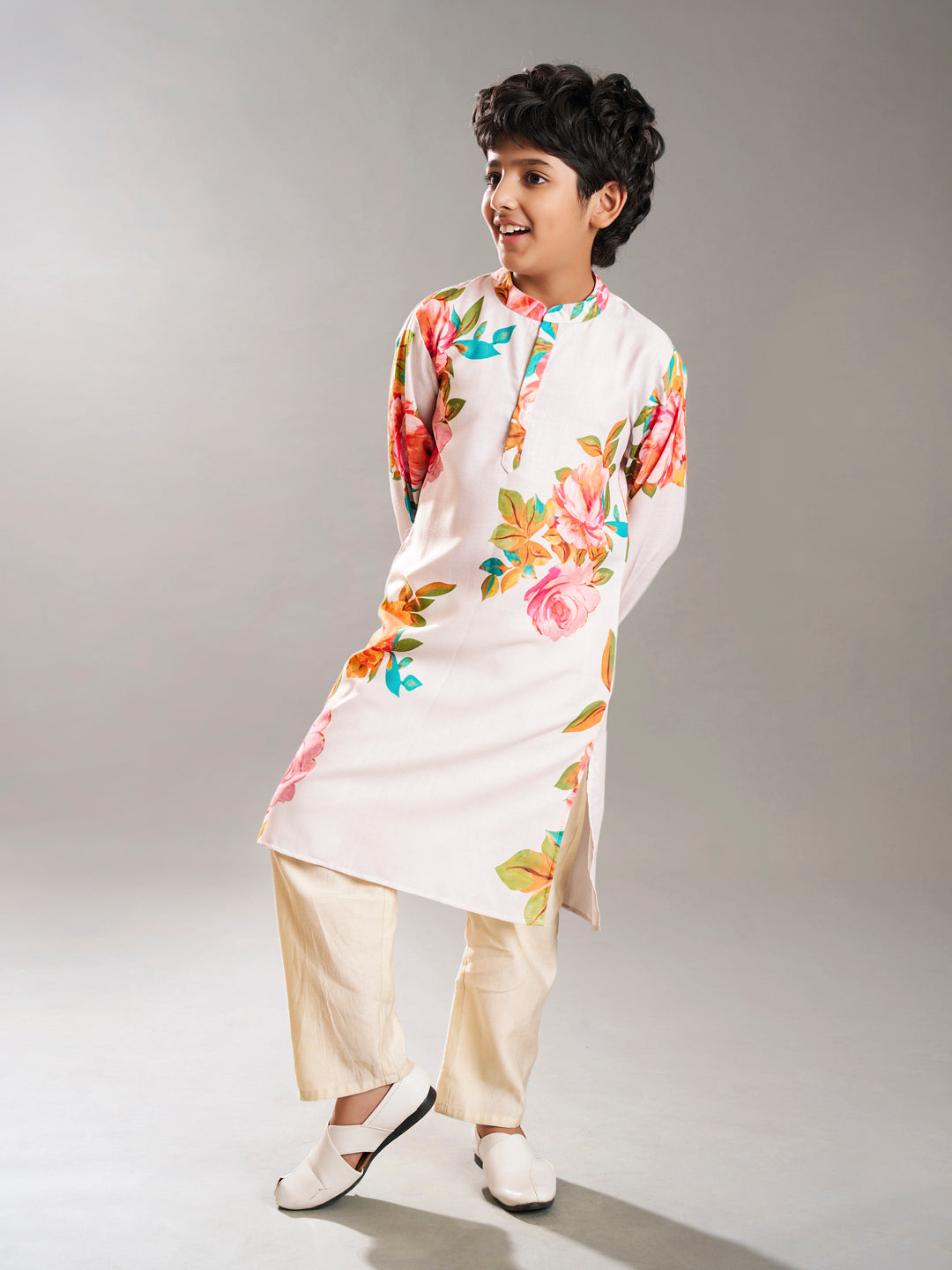 Bittu By Bhama Boys off white floral printed  kurta with a off  white pajama